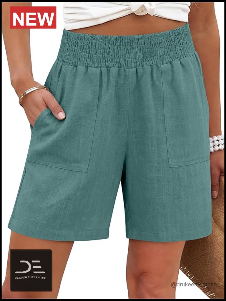 Linen High Waisted Wide Leg Lounge Shorts With Pockets